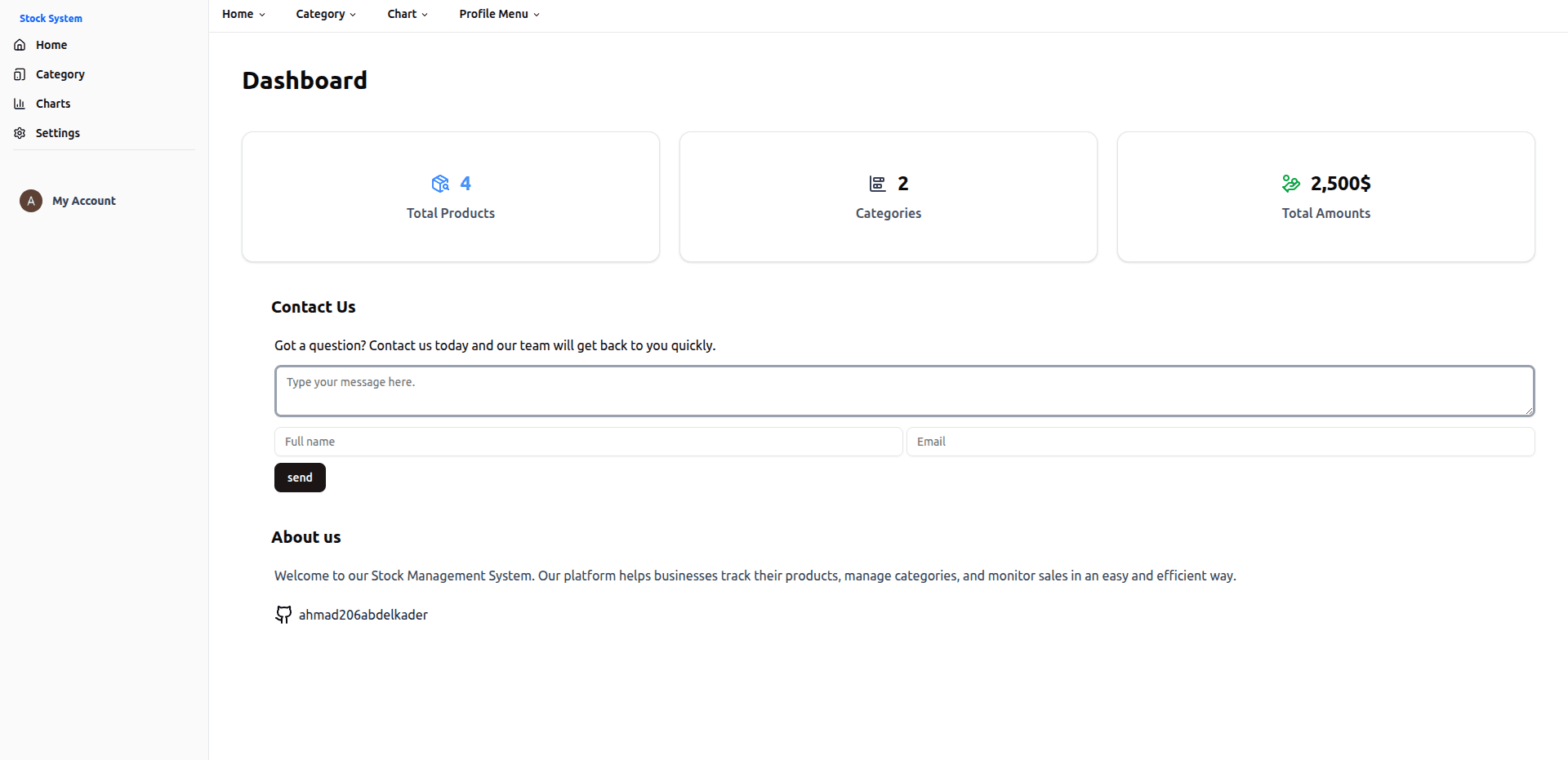 Stock Management System dashboard showing product, category, and inventory value summaries